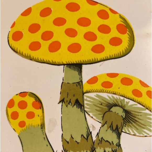 Vintage 70s White Tile Black Cast Iron Yellow Orange Mushrooms Wall Art Trivet - Picture 5 of 16